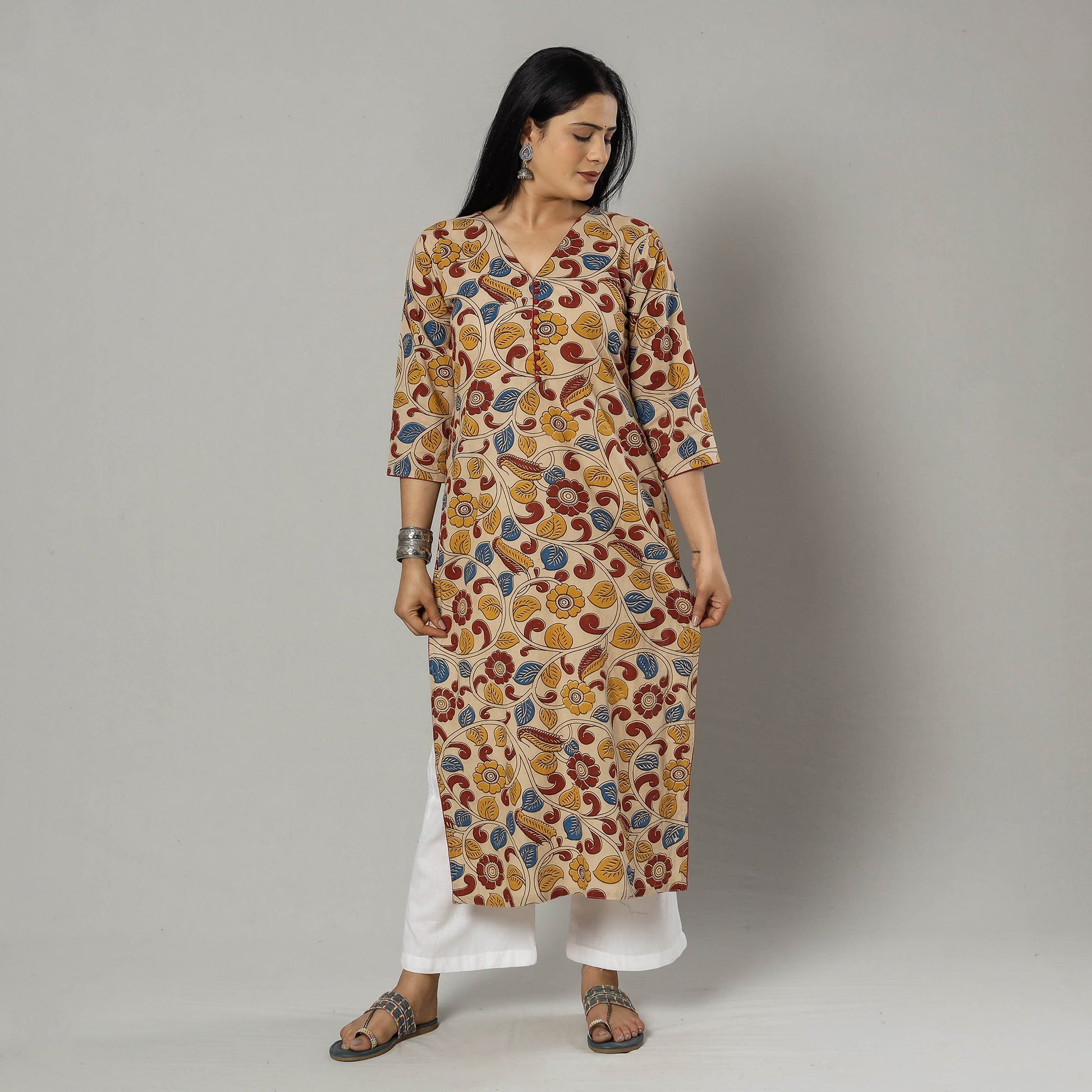 Beige -  Kalamkari Printed Cotton Kurta