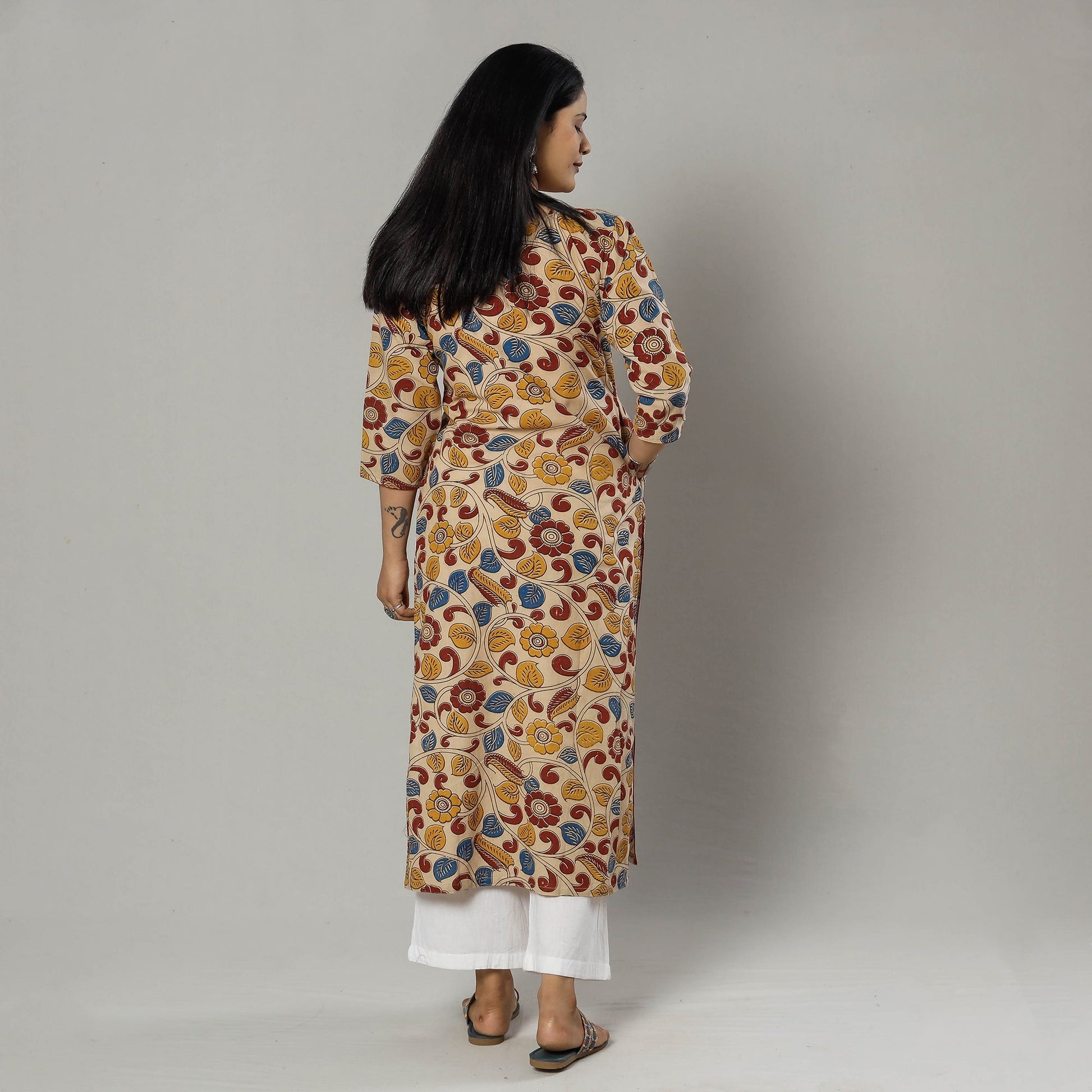 Beige -  Kalamkari Printed Cotton Kurta