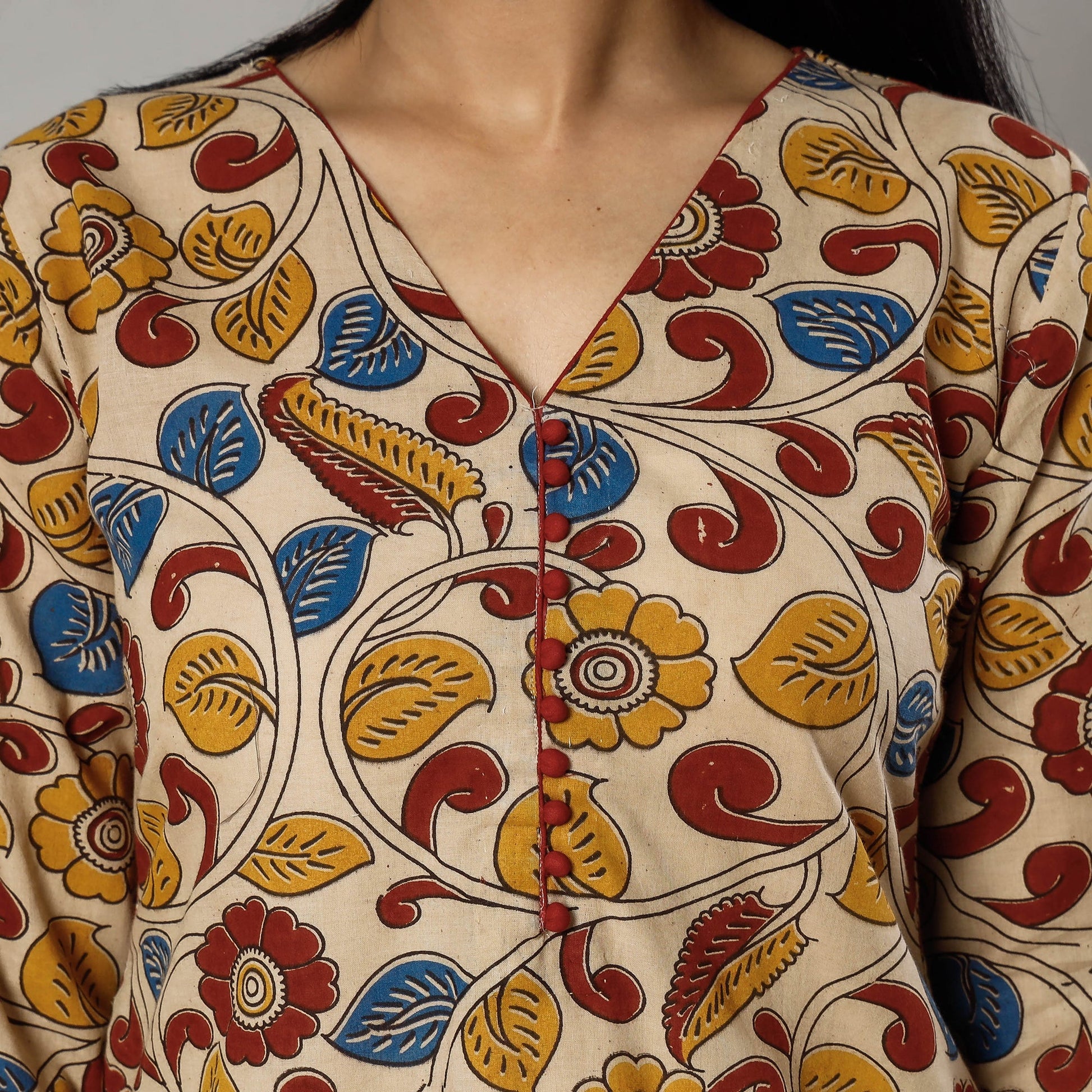 Beige -  Kalamkari Printed Cotton Kurta