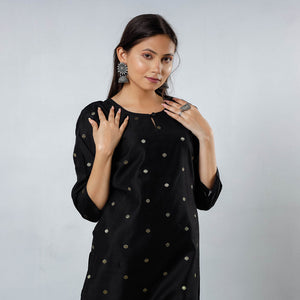 Black - Polka Zari Butta Spun Dupion Silk Long Straight Kurta 04