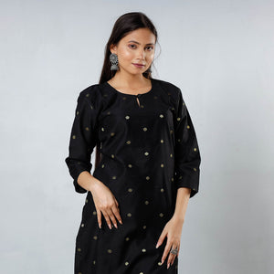 Black - Polka Zari Butta Spun Dupion Silk Long Straight Kurta 04