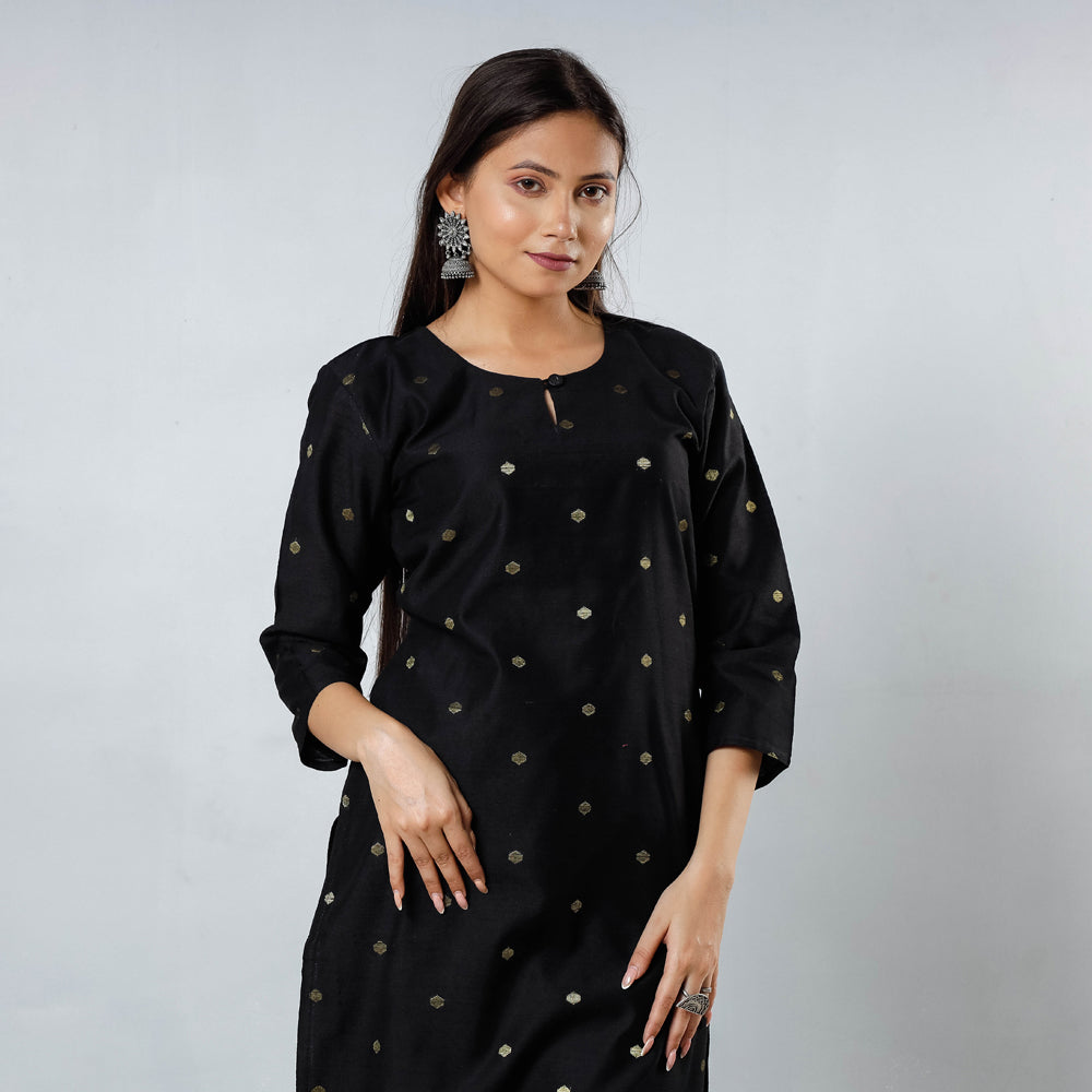 Black - Polka Zari Butta Spun Dupion Silk Long Straight Kurta 04