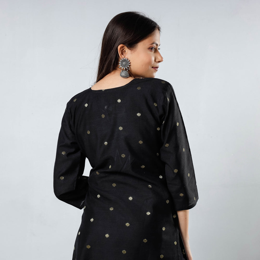 Black - Polka Zari Butta Spun Dupion Silk Long Straight Kurta 04