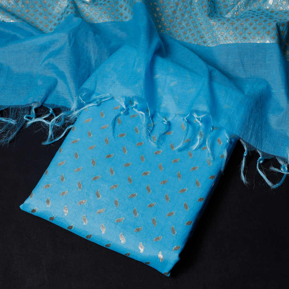 Blue - 2pc Cotton x Viscose Zari Banarasi Dress Material
