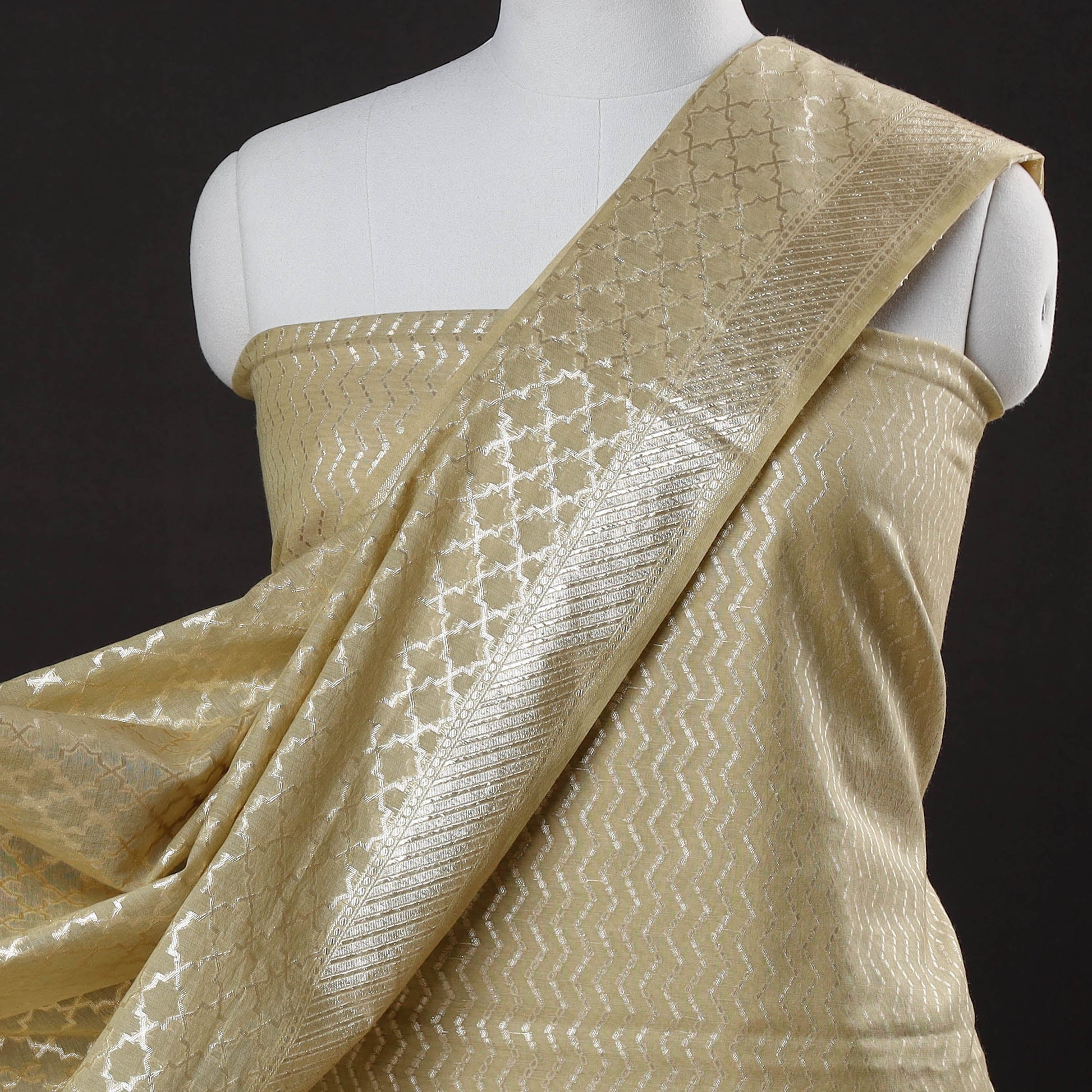Beige - 2pc Cotton x Viscose Zari Banarasi Dress Material