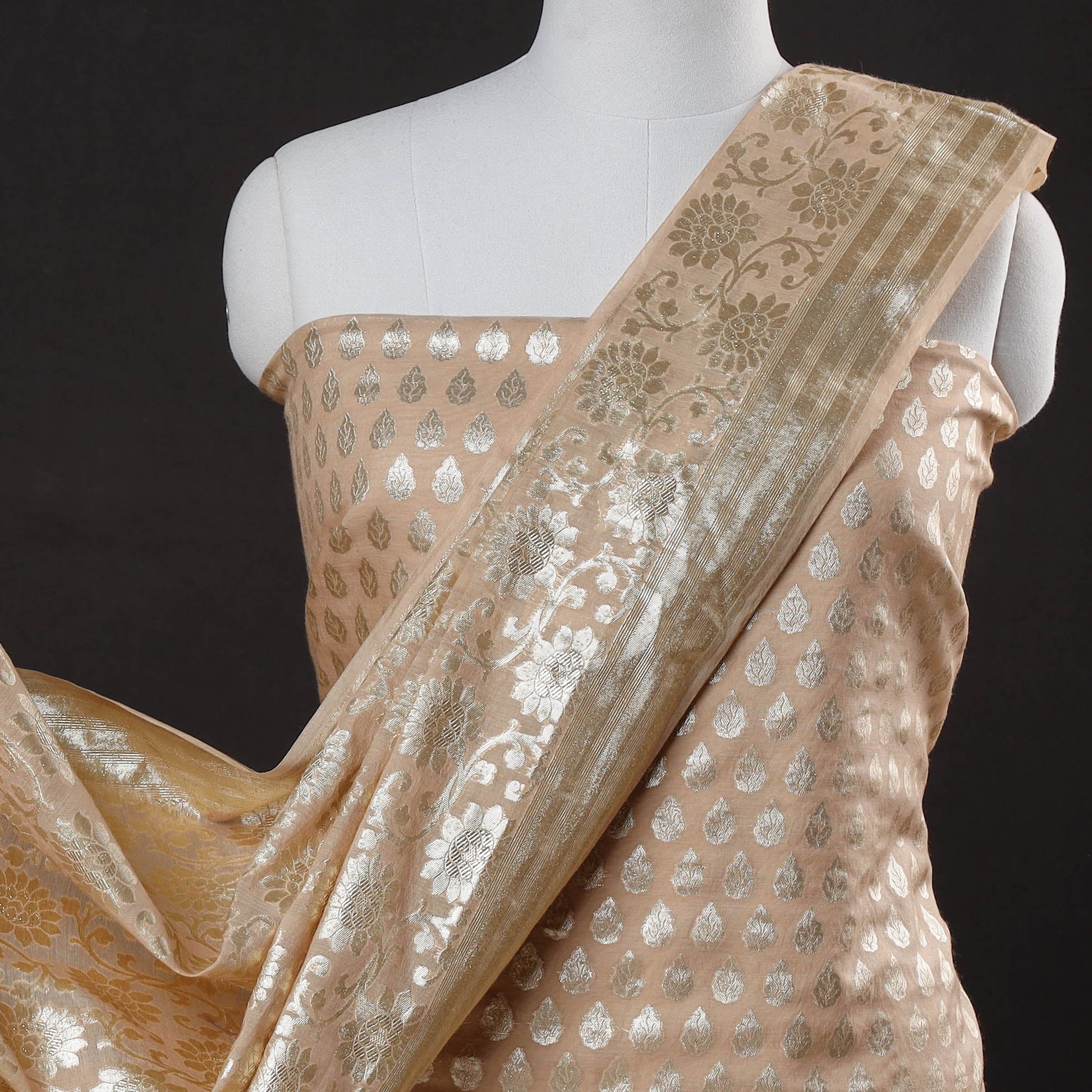 Beige - 2pc Cotton x Viscose Zari Banarasi Dress Material