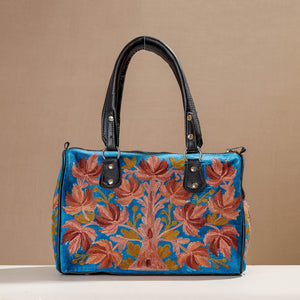 Blue - Crewel Hand Embroidery Leather & Velvet Hand Bag