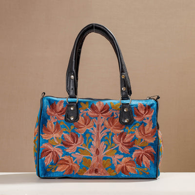Blue - Crewel Hand Embroidery Leather & Velvet Hand Bag