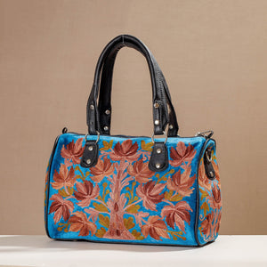 Blue - Crewel Hand Embroidery Leather & Velvet Hand Bag