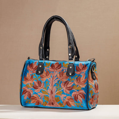Blue - Crewel Hand Embroidery Leather & Velvet Hand Bag