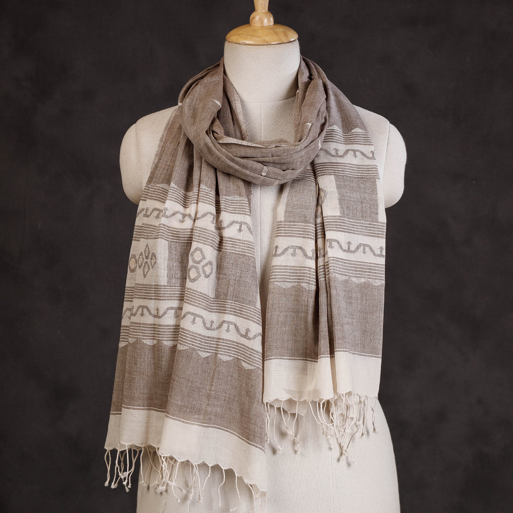 Brown - Authentic Dhakai Muslin Jamdani Handwoven Pure Cotton Stole with Tassels