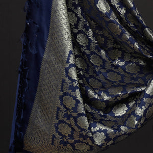 Blue - 3pc Zari Jaal & Buti Silk Banarasi Dress Material