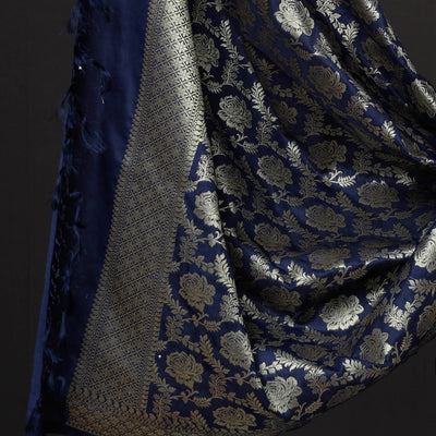 Blue - 3pc Zari Jaal & Buti Silk Banarasi Dress Material
