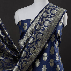 Blue - 3pc Zari Jaal & Buti Silk Banarasi Dress Material