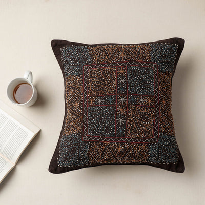 Black - Kala Raksha Rabari Bakhiya Hand Embroidered Pure Cotton Cushion Cover