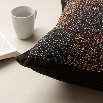 Black - Kala Raksha Rabari Bakhiya Hand Embroidered Pure Cotton Cushion Cover