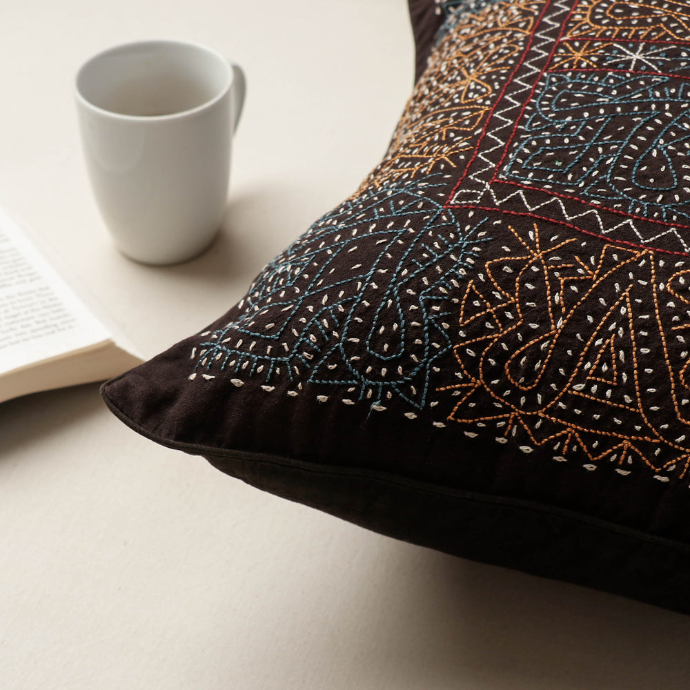 Black - Kala Raksha Rabari Bakhiya Hand Embroidered Pure Cotton Cushion Cover