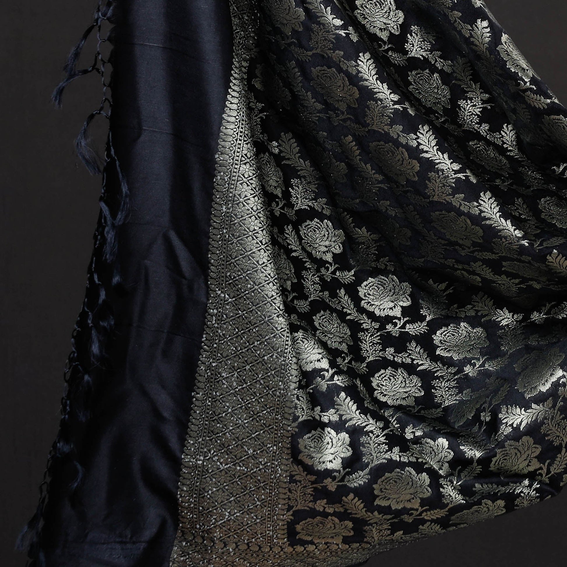 Black - 3pc Zari Jaal & Buti Silk Banarasi Dress Material
