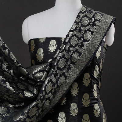 Black - 3pc Zari Jaal & Buti Silk Banarasi Dress Material