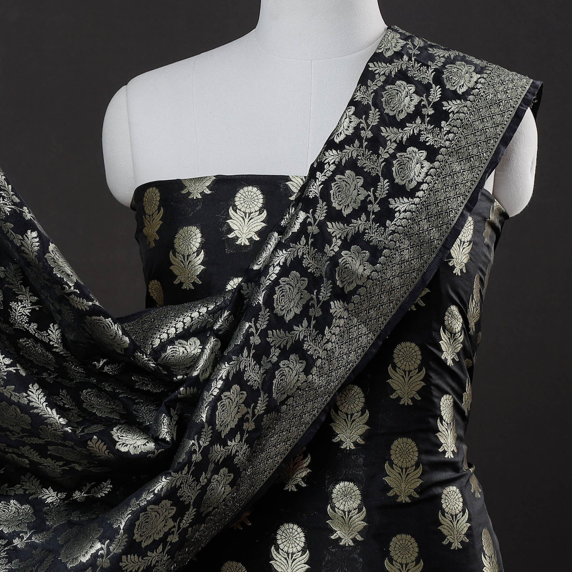 Black - 3pc Zari Jaal & Buti Silk Banarasi Dress Material