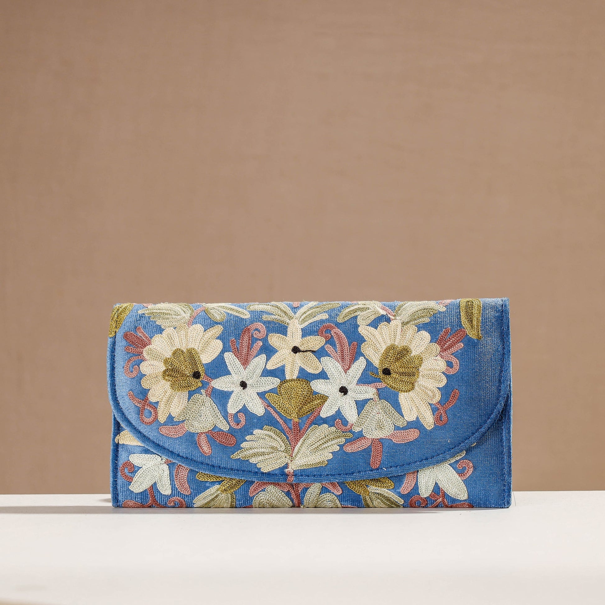Blue - Crewel Hand Embroidery Leather & Velvet Wallet