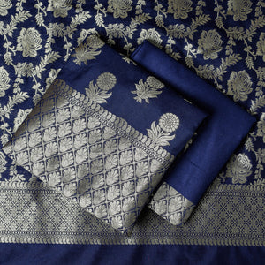 Blue - 3pc Zari Jaal & Buti Silk Banarasi Dress Material