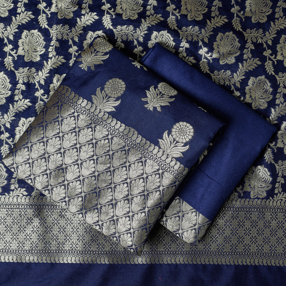 Blue - 3pc Zari Jaal & Buti Silk Banarasi Dress Material
