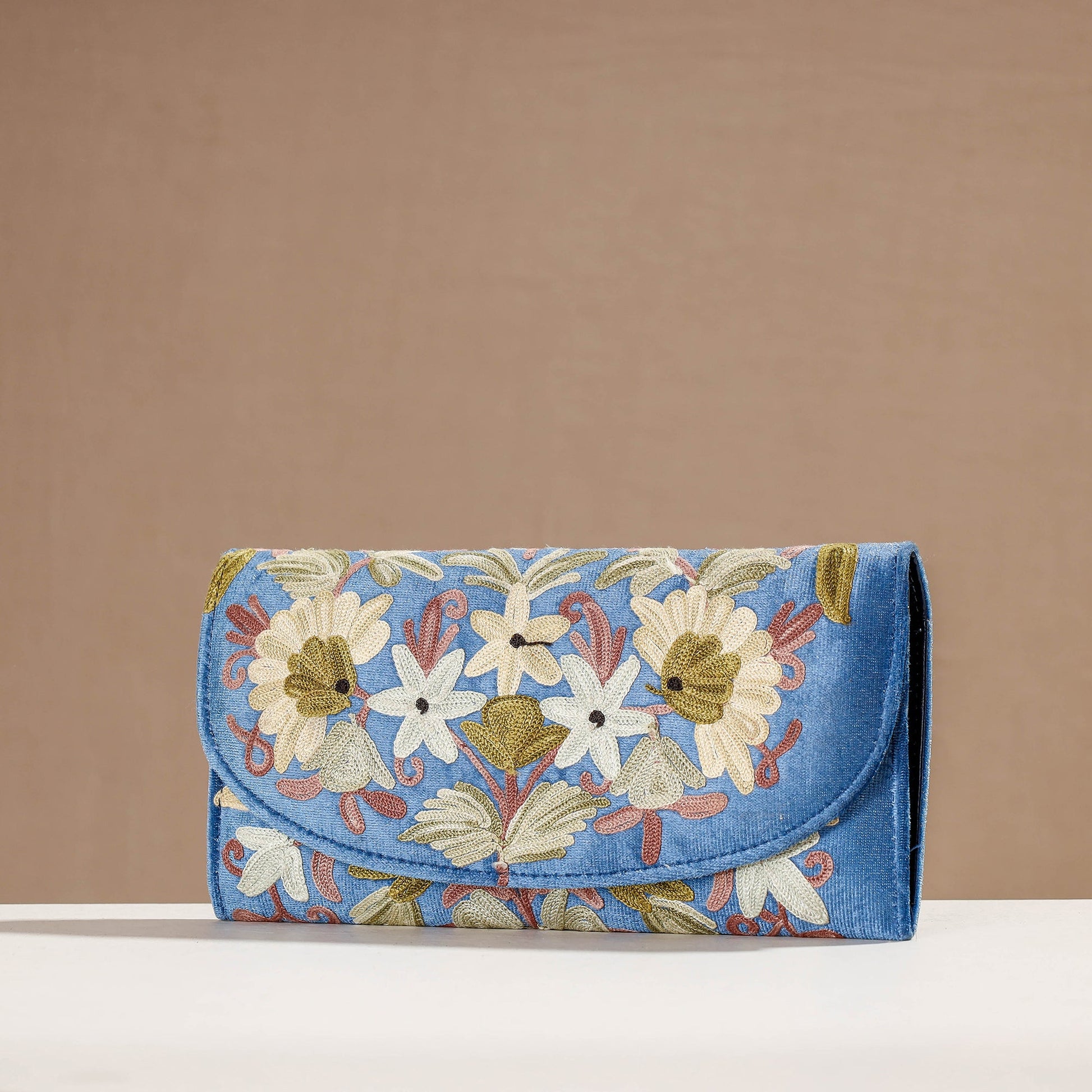 Blue - Crewel Hand Embroidery Leather & Velvet Wallet