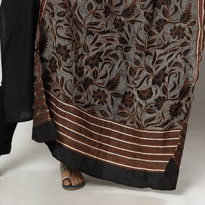Black - Bengal Nakshi Kantha Embroidery Tussar Silk Handloom Dupatta
