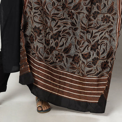 Black - Bengal Nakshi Kantha Embroidery Tussar Silk Handloom Dupatta