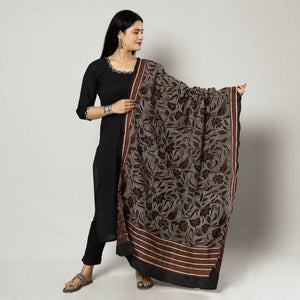 Black - Bengal Nakshi Kantha Embroidery Tussar Silk Handloom Dupatta