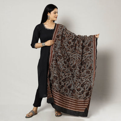 Black - Bengal Nakshi Kantha Embroidery Tussar Silk Handloom Dupatta