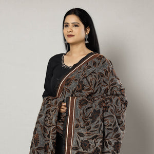 Black - Bengal Nakshi Kantha Embroidery Tussar Silk Handloom Dupatta