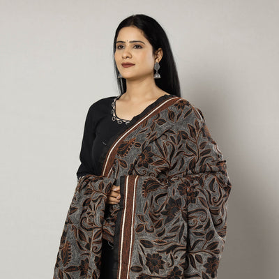 Black - Bengal Nakshi Kantha Embroidery Tussar Silk Handloom Dupatta