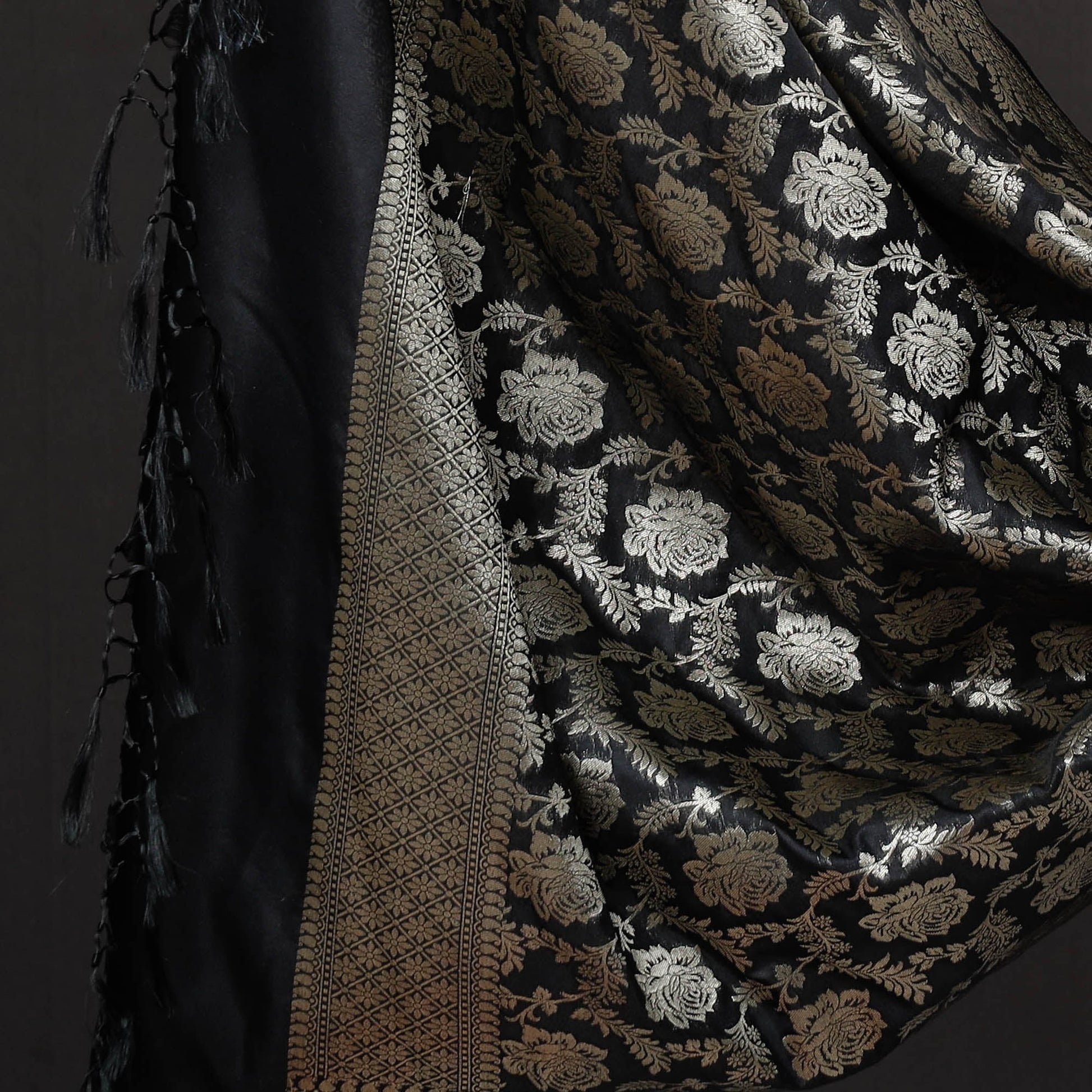 Black - 3pc Zari Jaal & Buti Silk Banarasi Dress Material