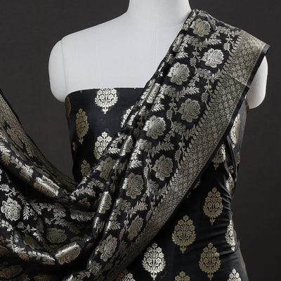 Black - 3pc Zari Jaal & Buti Silk Banarasi Dress Material