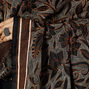 Black - Bengal Nakshi Kantha Embroidery Tussar Silk Handloom Dupatta