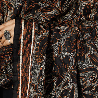 Black - Bengal Nakshi Kantha Embroidery Tussar Silk Handloom Dupatta