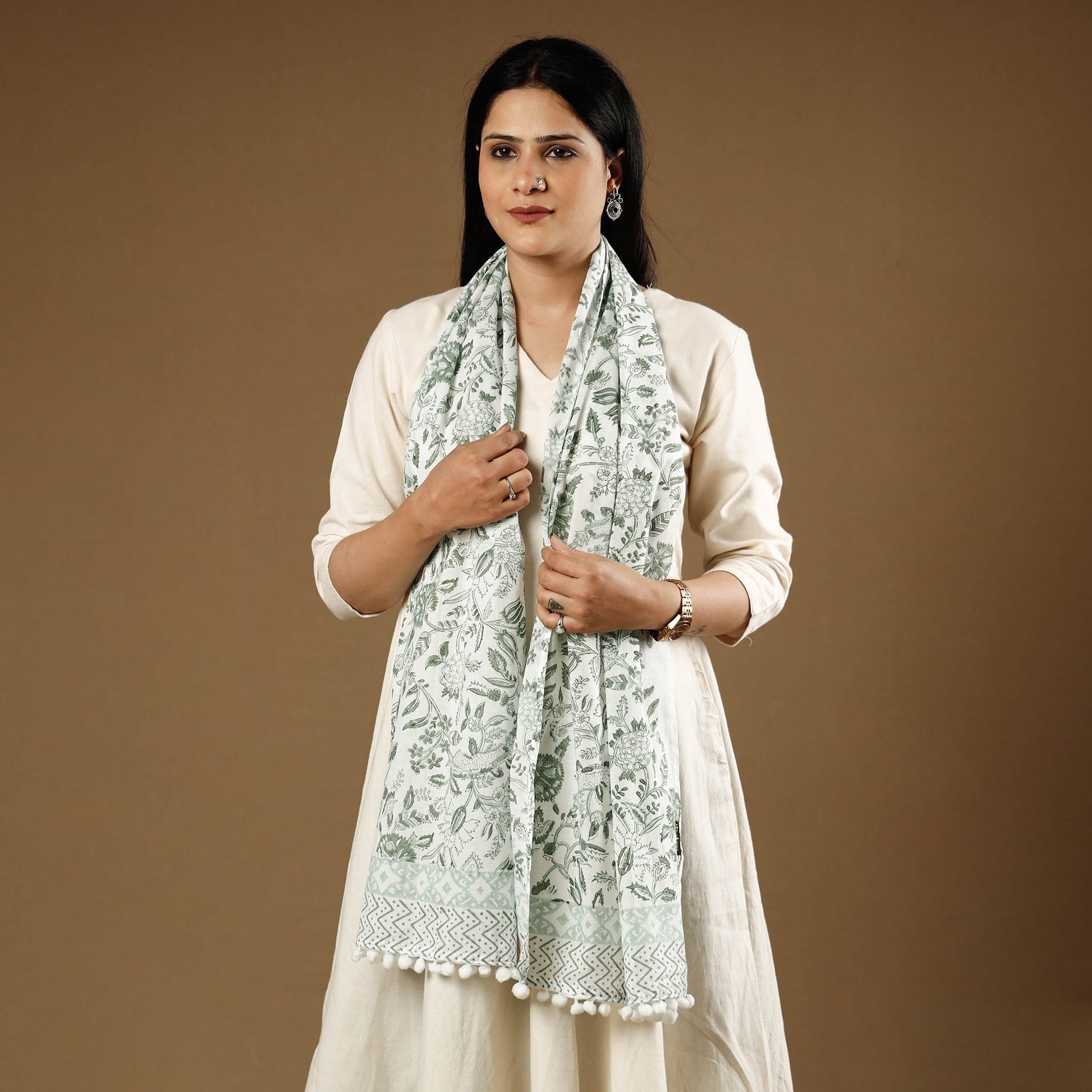 Green - Marigold White & Green Sanganeri Block Printed Cotton Stole with Tassels 04