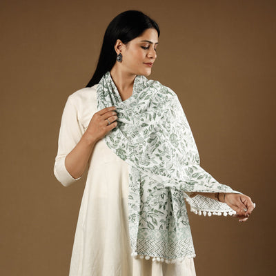 Green - Marigold White & Green Sanganeri Block Printed Cotton Stole with Tassels 04