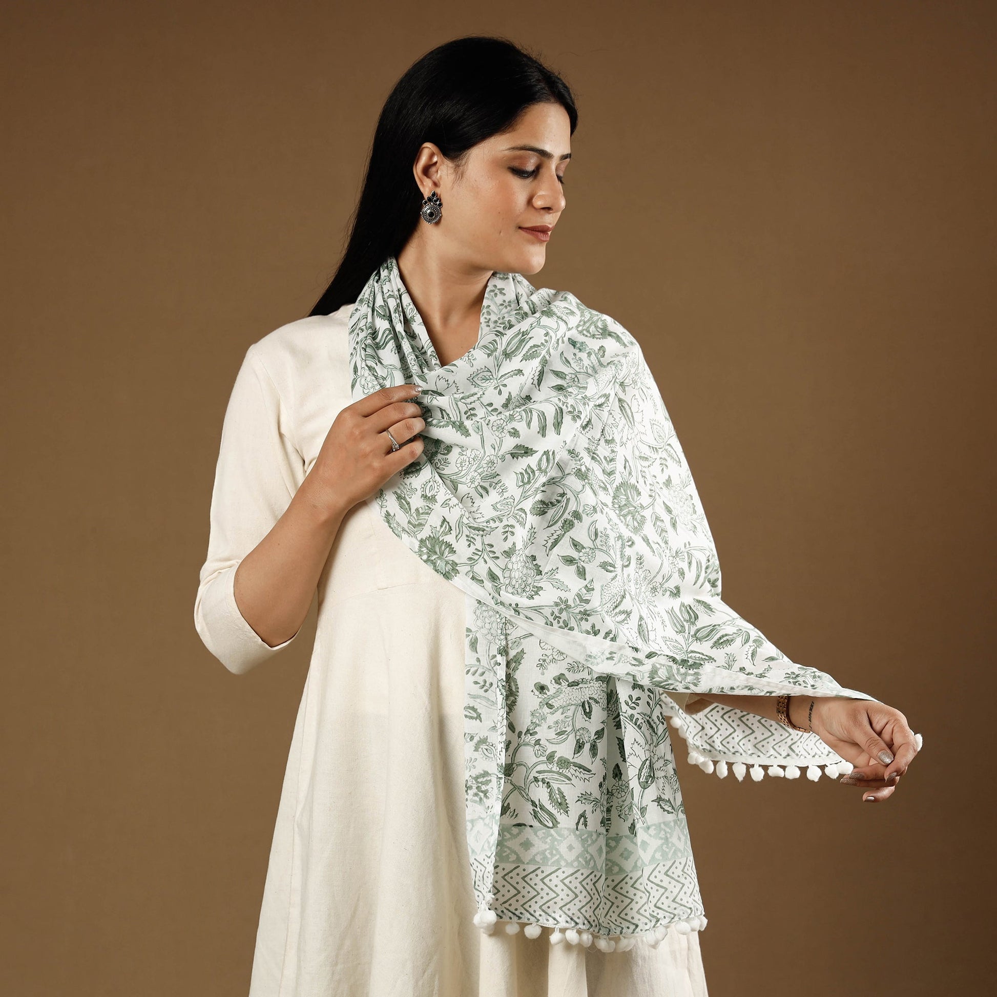 Green - Marigold White & Green Sanganeri Block Printed Cotton Stole with Tassels 04