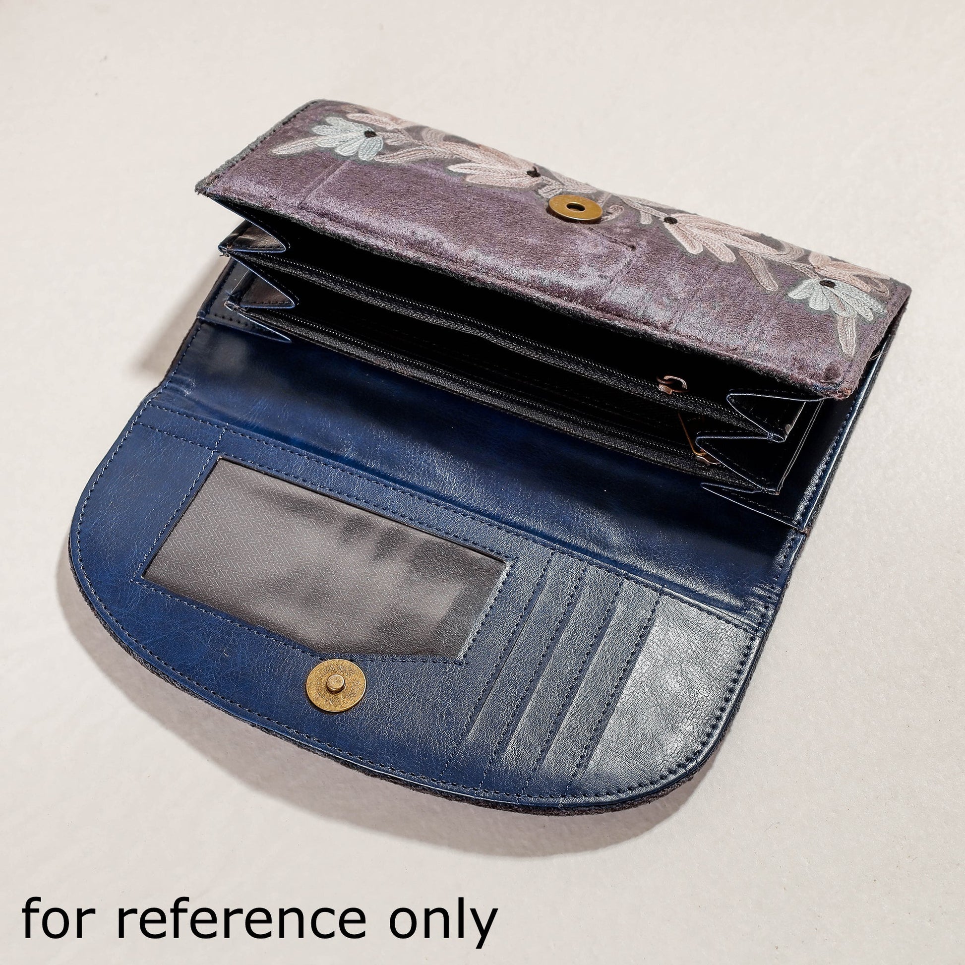 Blue - Crewel Hand Embroidery Leather & Velvet Wallet