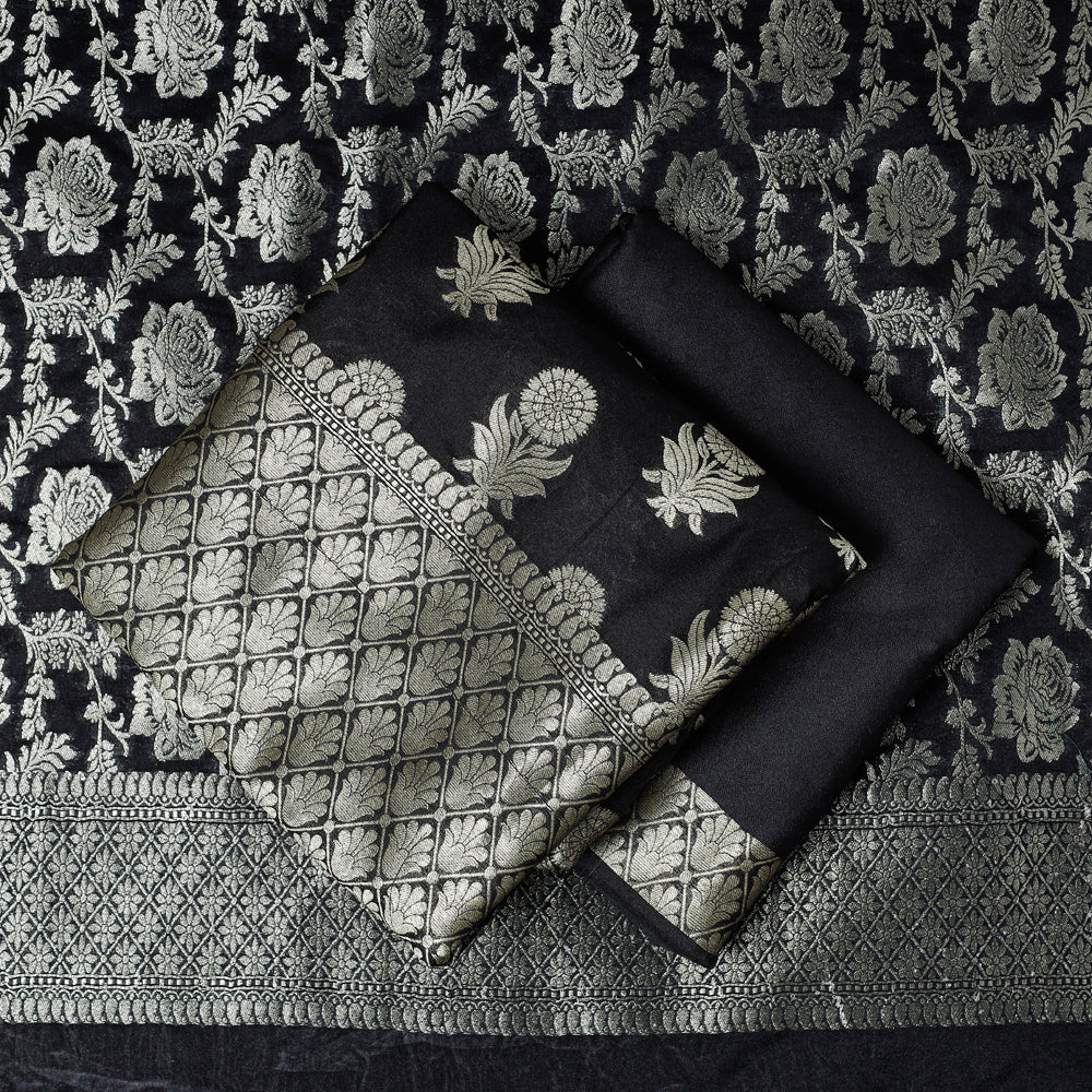 Black - 3pc Zari Jaal & Buti Silk Banarasi Dress Material