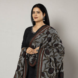 Black - Bengal Nakshi Kantha Embroidery Tussar Silk Handloom Dupatta