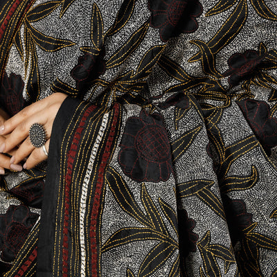 Black - Bengal Nakshi Kantha Embroidery Tussar Silk Handloom Dupatta