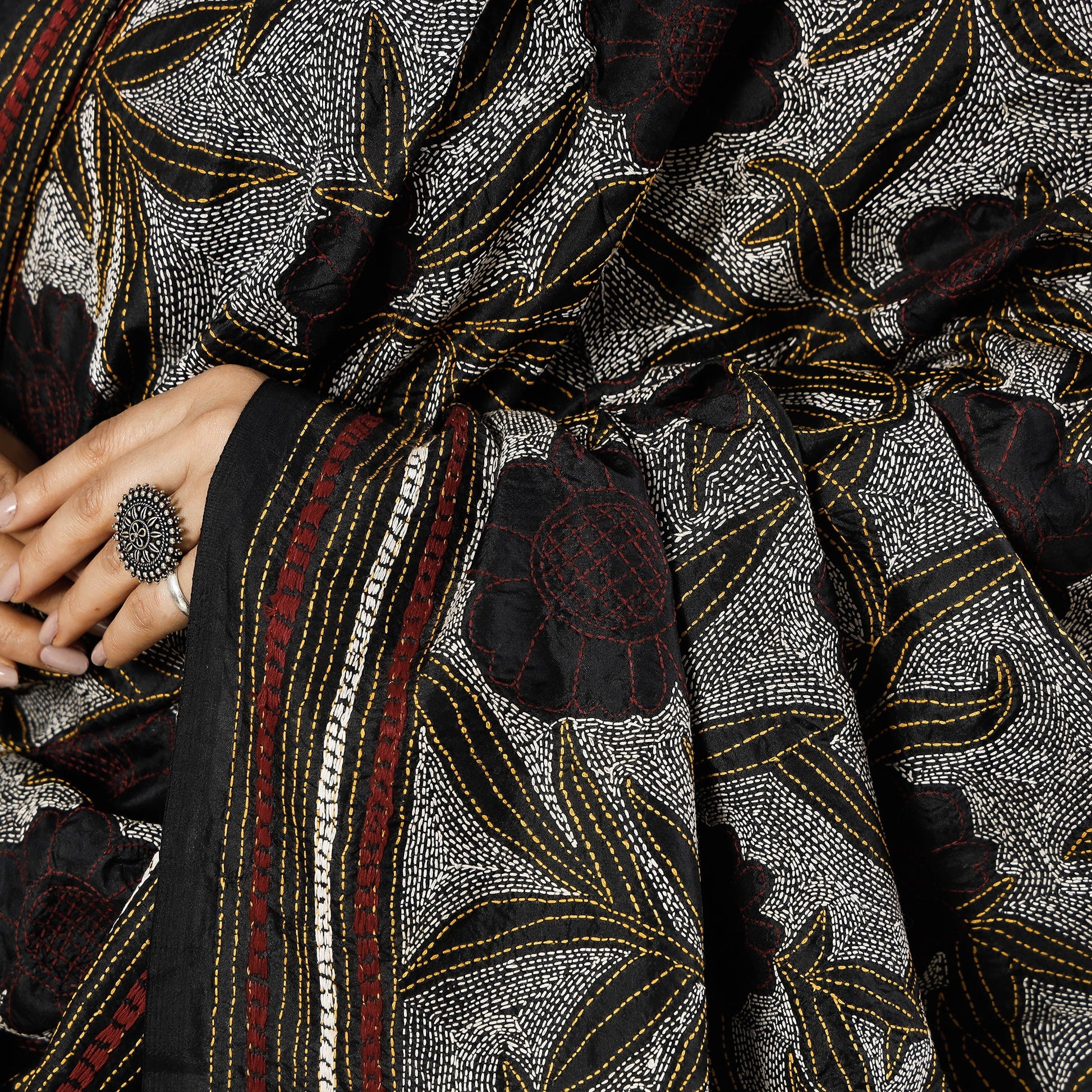 Black - Bengal Nakshi Kantha Embroidery Tussar Silk Handloom Dupatta