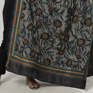 Black - Bengal Nakshi Kantha Embroidery Tussar Silk Handloom Dupatta