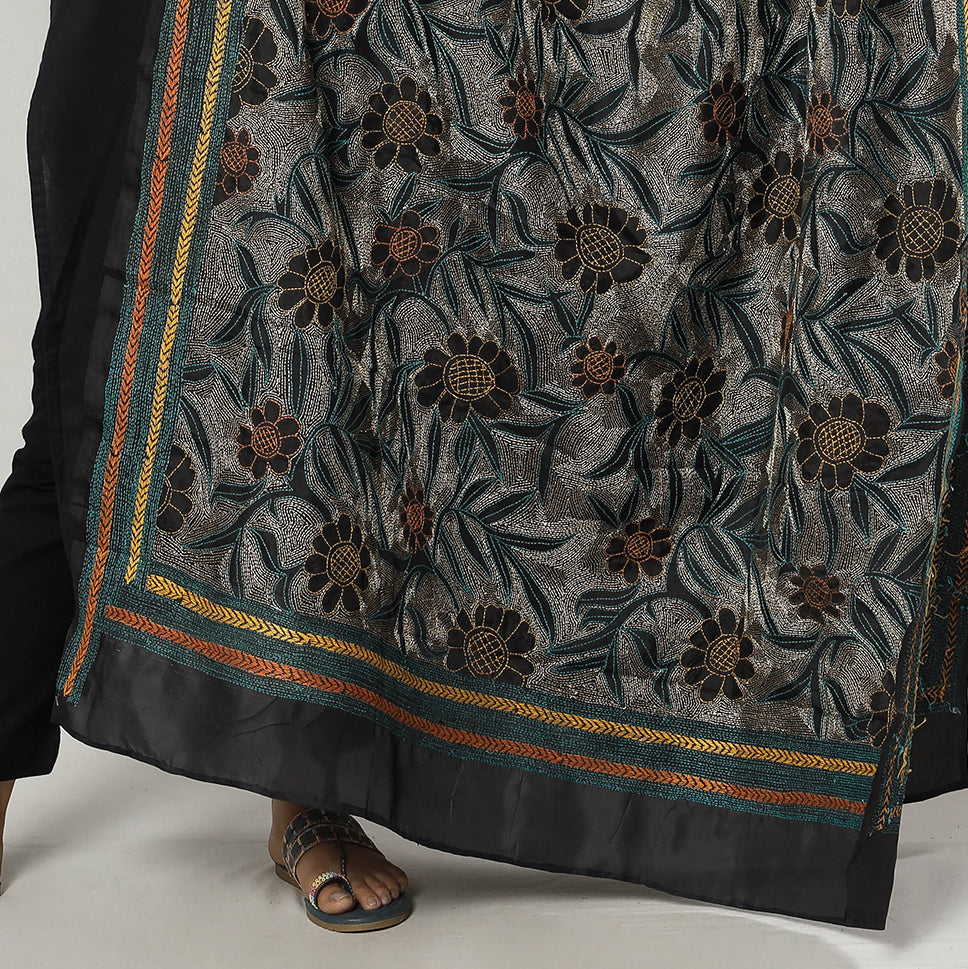 Black - Bengal Nakshi Kantha Embroidery Tussar Silk Handloom Dupatta