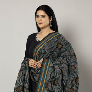 Black - Bengal Nakshi Kantha Embroidery Tussar Silk Handloom Dupatta