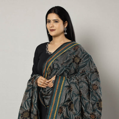Black - Bengal Nakshi Kantha Embroidery Tussar Silk Handloom Dupatta
